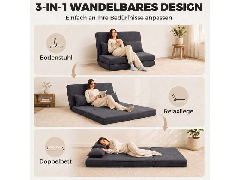  Canapé convertible au sol 2 places avec dossier réglable 5 positions et 2 coussins en velours côtelé gris foncé  - Conforama D