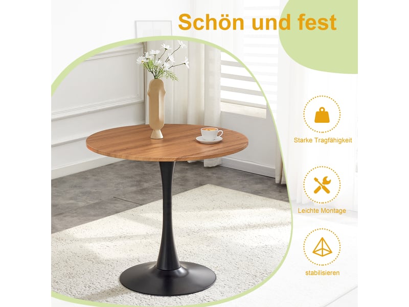  Table à manger ronde,80x80x76 cm,pied tulipe noir,mdf et métal,effet bois  - Conforama E