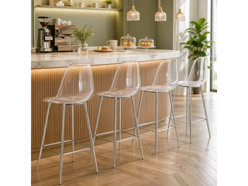 Tabouret de bar transparent avec repose-pieds, structure métallique et style moderne, en plastique argent - Conforama D