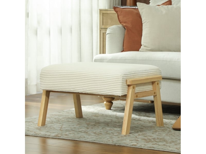  Pouf avec assise rembourrée confortable et pieds en bois, polyester aspect velours côtelé blanc crème, 70 × 46 × 40 cm  - Conforama D
