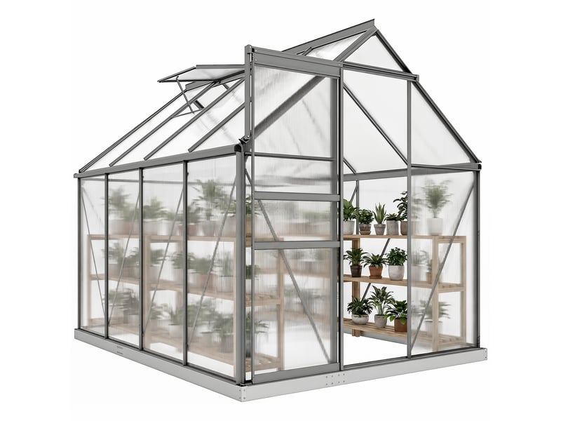  Serre de jardin en polycarbonate 4,8 m²avec fondation, lucarne réglable, porte coulissante 1,9x2,53x1,99m transparent  - Conforama A