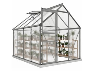 Serre de jardin en polycarbonate 4,8 m²avec fondation, lucarne réglable, porte coulissante 1,9x2,53x1,99m transparent