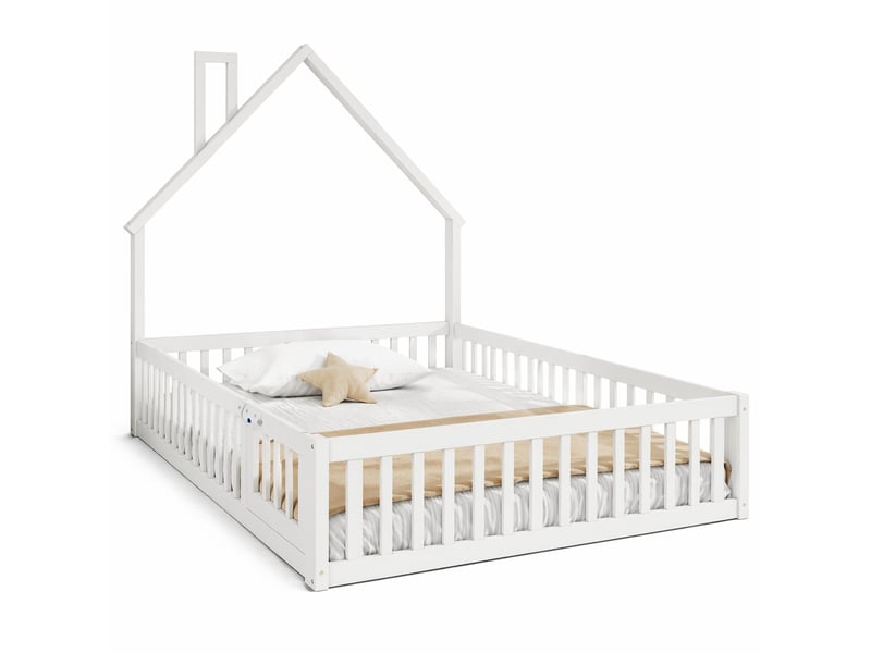  Lit enfant 190×140 cm en forme de cheminée avec barrières, sommier à lattes, sans matelas, blanc et gris  - Conforama A