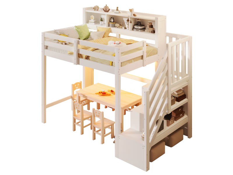  Lit mezzanine 90x200 cm avec éclairage led, escalier avec rangement, espace de rangement sous le lit, niche ouverte, bois - blanc (sans matelas)  - Conforama A