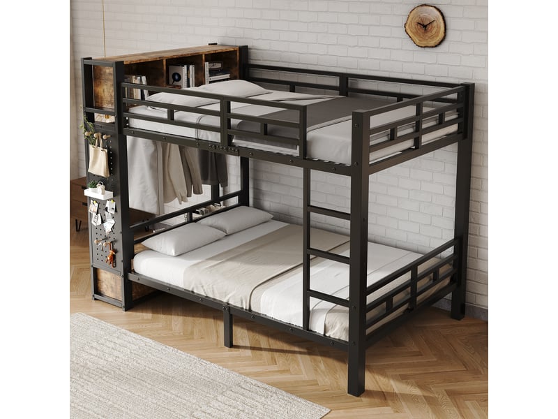 Lit mezzanine 120x200 cm avec penderie, tiroir, panneau perforé et étagères, structure métal, noir OMNIGLINT TRADING LTD - Conforama B
