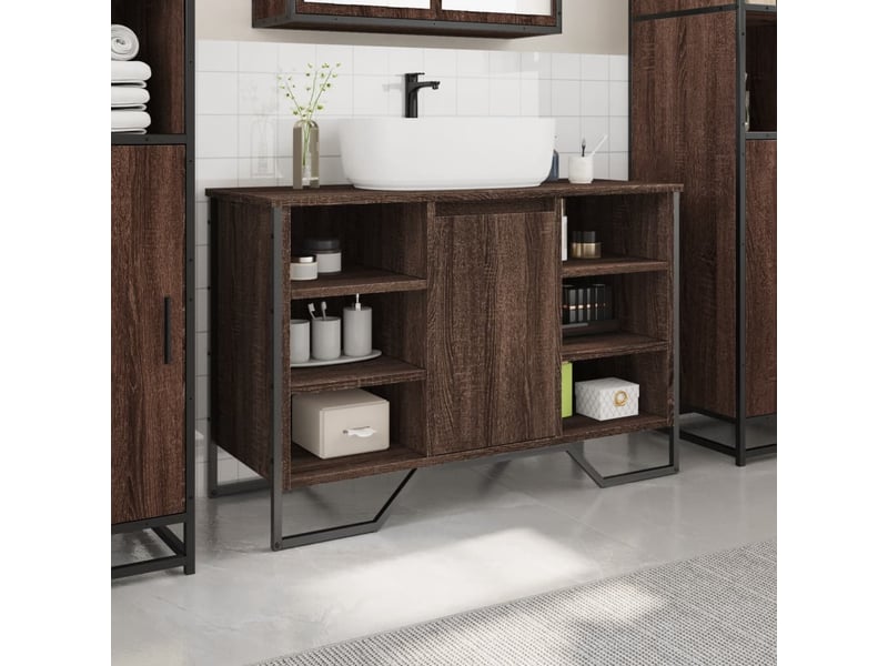  Armoire lavabo salle de bain, meuble de rangement chêne marron 91x35x60 cm  - Conforama C