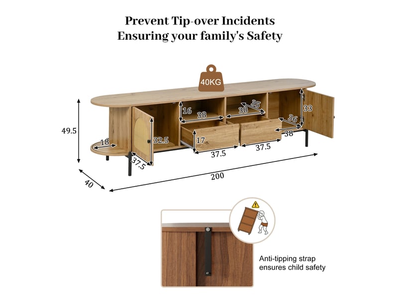  Meuble tv ovale avec 2 portes, 2 tiroirs, niches ouvertes et passe-câbles pour salon, en mdf naturel 200 × 40 × 49,5 cm  - Conforama E