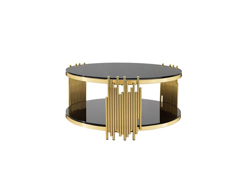 Table basse ronde en verre trempé noir 2 plateaux, base en acier doré - Conforama A