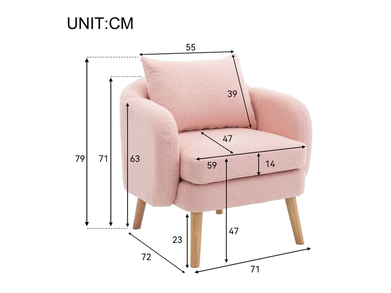 Fauteuil en teddy avec grand coussin dorsal et assise épaisse, structure en bois massif, rose - Conforama E