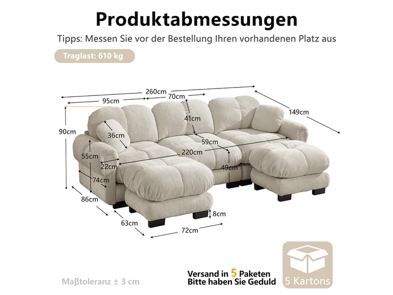 Canapé modulable 3 places 260 cm canapé droit en tissu chenille avec 2 pouf mobile, design matelassé, coussins épais, dossier ergonomique, kaki clair Seren Glow - Conforama C