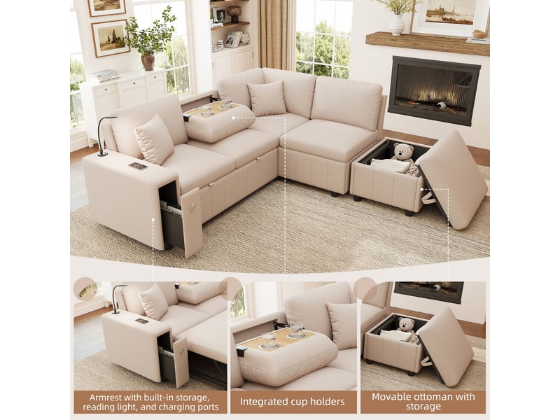  Canapé d'angle convertible 5 places, coffre de rangement, pouf, table rabattable, usb et usb-c, lampe led de lecture - beige  - Conforama D