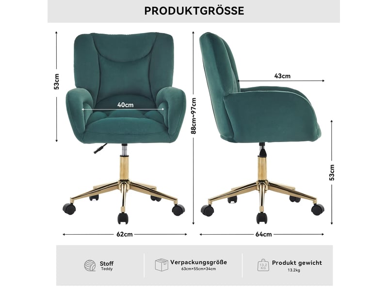  Chaise de bureau pivotante réglable en hauteur en velours vert homvra  - Conforama E