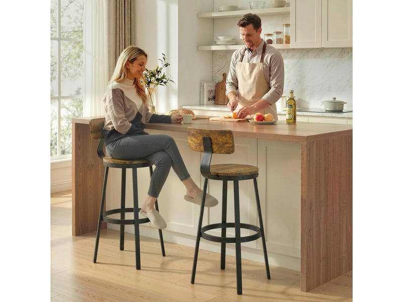  Lot de 2 tabourets de bar rustiques avec repose-pieds, bois et métal, 37 x 47 x 96 cm, marron  - Conforama C