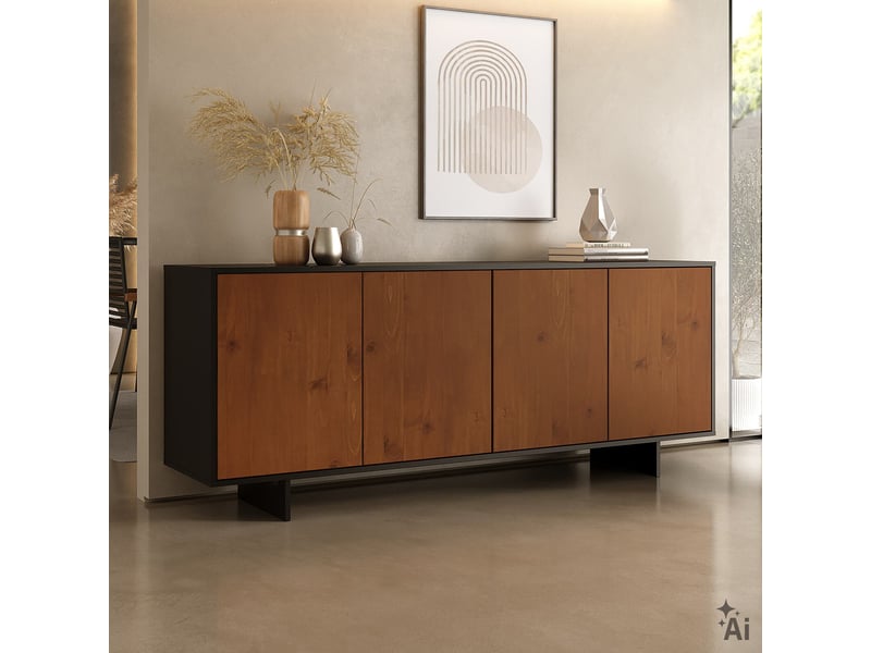  Buffet arto l 180 cm 4 portes en bois massif - noir et châtaignier  - Conforama C