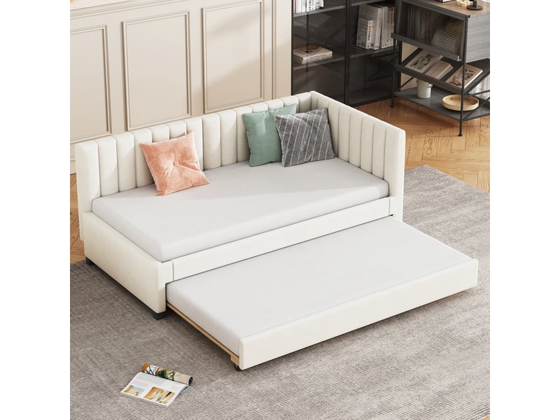  Lit capitonné 90*200 cm beige, canapé-lit convertible multifonctionnel avec sommier à lattes, sans matelas  - Conforama D