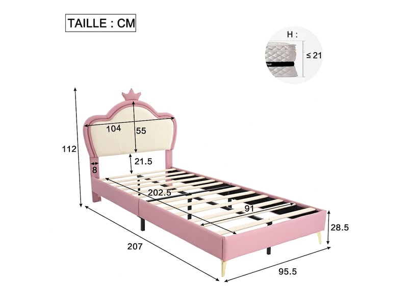  Lit enfant 90x200 capitonné en similicuir avec couronne - bords souples et pieds en métal  - Conforama C
