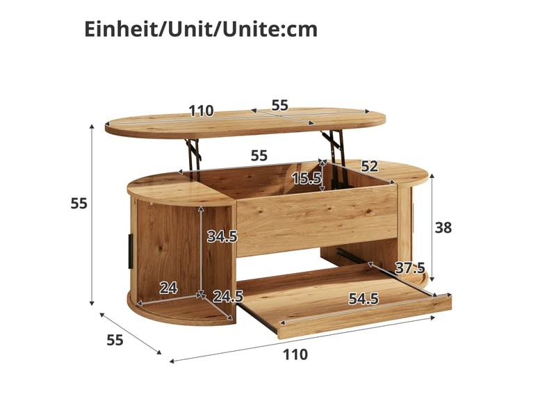  Table basse relevable avec rangement caché, portes coulissantes et tablette coulissante, mdf naturel, 110 × 55 × 55 cm  - Conforama E