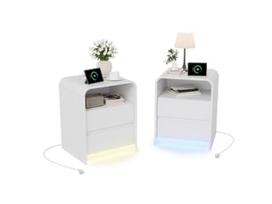 Lot de 2 tables de chevet avec 2 tiroirs, station de charge et led, table de nuit, style moderne, blanc