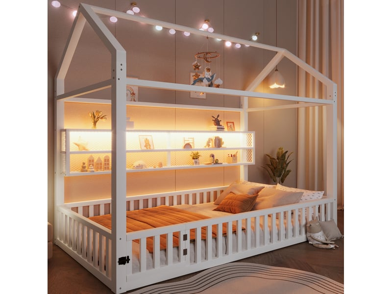  Lit cabane 90x200 cm avec barrière et éclairage à del, métal blanc, sans matelas  - Conforama E