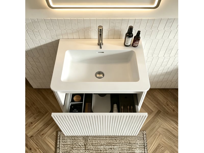 Meuble sous vasque suspendu avec 1 tiroir, vasque intégrée et miroir led rond pour salle de bain blanc 61 × 46,5 cm - Conforama D