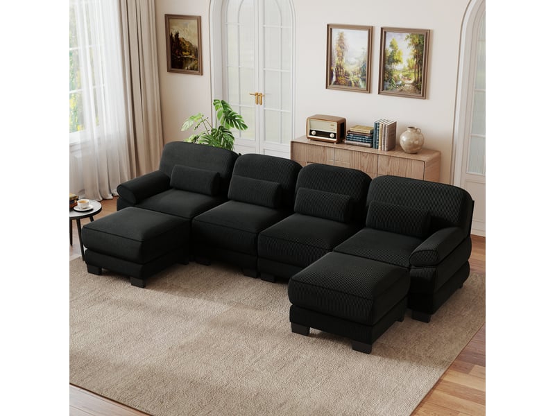  Canapé d'angle 4 places en u moderne avec 2 poufs, structure à cadre, assise profonde et spacieuse, cordon cord doux, coussins épais, noir, pour salon  - Conforama E