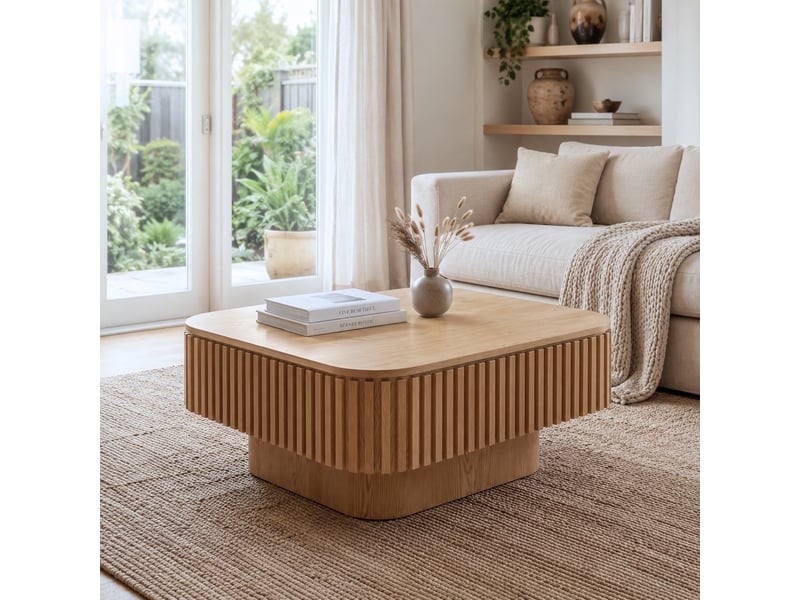  Table basse carrée bois naturel 75 cm - façade rainurée, rangement caché - placage bois massif  - Conforama B