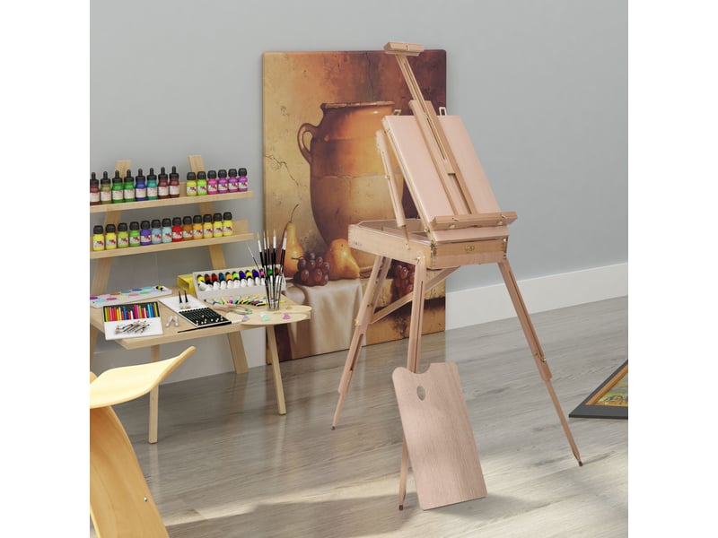  Chevalet d'artiste sur pieds pliable, mallette de peinture, chevalet avec rangement, hauteur réglable, bois de hêtre clair  - Conforama A