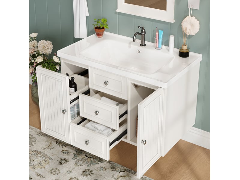  Meuble sous vasque suspendu avec 3 tiroirs, placard et vasque en céramique pour salle de bain blanc 78,5 × 46 × 46,8 cm  - Conforama B