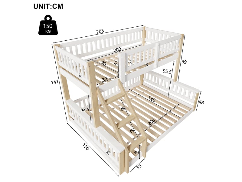  Lit superposé enfant 90x200 et 140x200 cm avec échelle et barrières, blanc naturel  - Conforama C