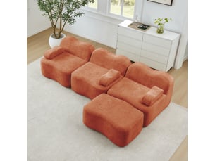 Canapé d'angle modulable 3 places en velours orange avec ottoman, silhouette vague, confort quotidien