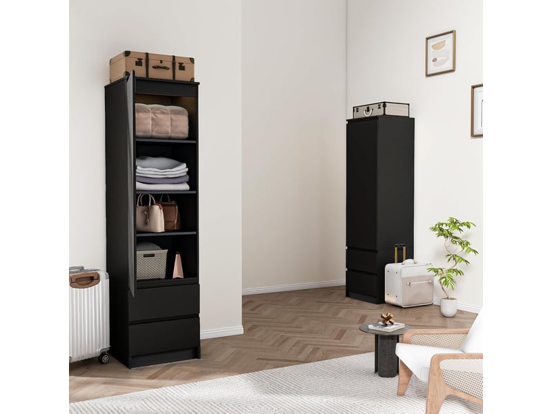 Armoire - wumagin - bois massif- avec 2 tiroirs, 4 compartiments - porte simple - 33x40x180cm - pour chambre, salon, entrée - noir - Conforama C