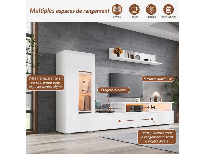  Ensemble meuble tv mural 3 pièces blanc brillant avec éclairage led, pour téléviseur jusqu'à 75 pouces  - Conforama R