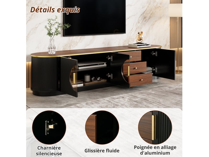  Meuble tv noir 180x40x46 cm avec 3 portes, 3 tiroirs, verre brun et structure en mdf  - Conforama E