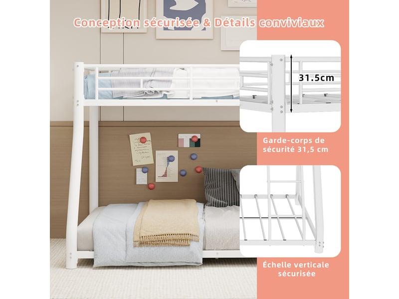  Lit superposé en métal 90×140 et 140×190 cm, échelle, garde-corps continu, pour jeune et adulte, pour chambre enfant  - Conforama D