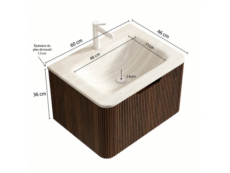  Meuble vasque suspendu 60 cm avec vasque intégrée en pierre frittée effet travertin, finition noyer  - Conforama C