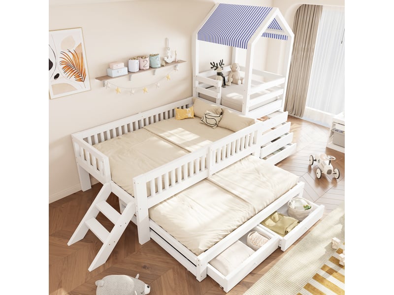  Lit superposé enfant 90 × 200 cm et 90 × 190 cm, 2 places, tiroirs et toit en tissu, sans matelas, blanc  - Conforama B
