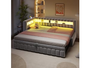 Canapé convertible d'angle 211,5 x 102 x 79 cm gris clair en velours, lit d'appoint avec led et ports usb