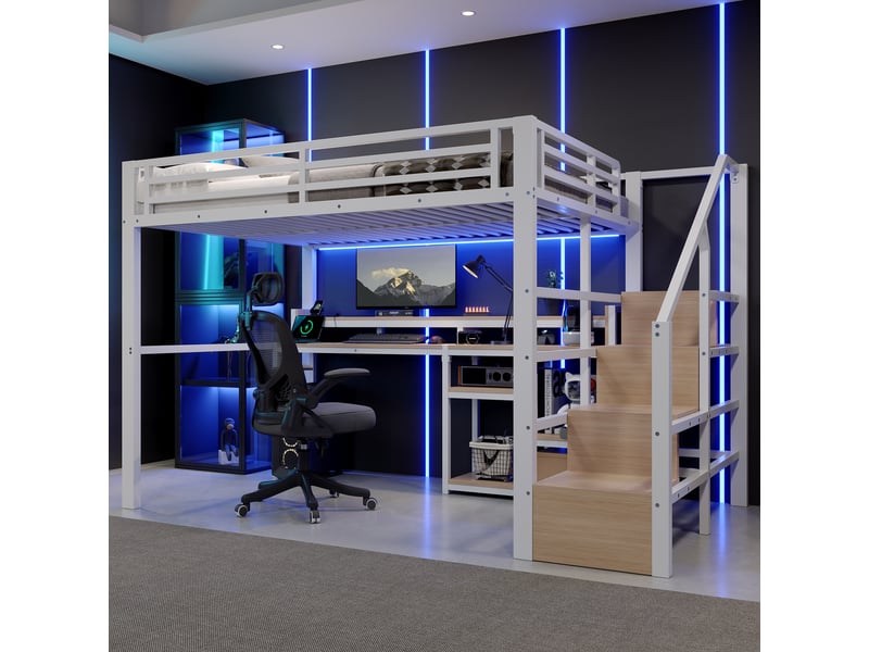  Lit mezzanine enfant 140x200 cm, escalier-armoire, étagères, led, usb et type-c, espace inférieur ouvert, métal blanc Radiant Stride - Conforama D