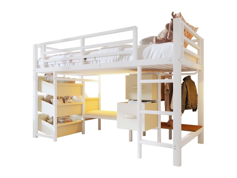  Lit mi-haut 90*200 cm sans matelas, structure métal, coussin, éclairage led, rangements, finition blanche  - Conforama A