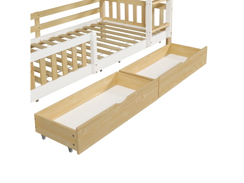 Lit superposé enfant 90x200 cm modulable en 2 lits avec tiroirs, blanc et naturel, sans matelas - Conforama R