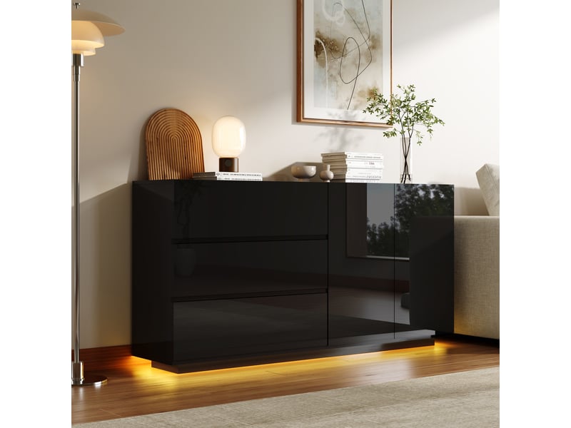  Buffet bas 2 portes 3 tiroirs - 160 x 35 x 76 cm-noir - enfilade design haute brillance avec éclairage led 7 couleurs et push-open  - Conforama C