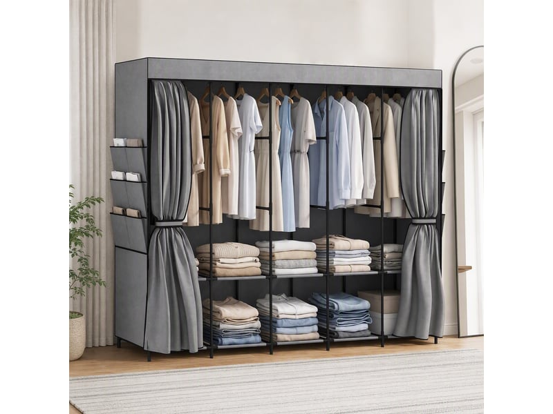  Armoire en tissu avec 5 tringles, 5 étagères, 6 poches latérales, fermeture éclair, structure en acier, 212 x 45 x 167 cm, grise  - Conforama C