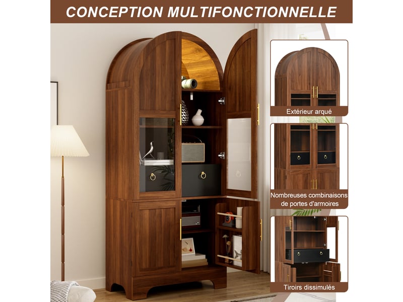  Vitrine haute 76×40×180cm à façade cintrée, éclairage led, 4 portes, 1 tiroir et façade vitrée,noyer  - Conforama D