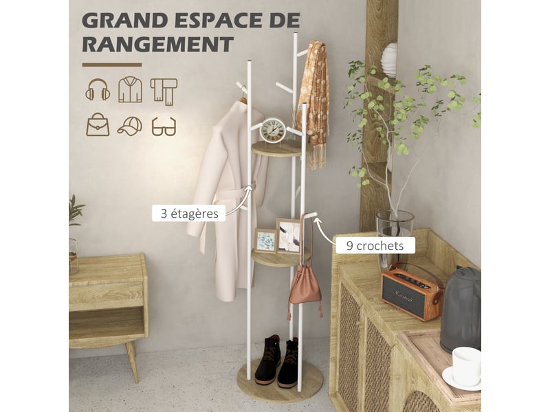 Porte-manteaux sur pied meuble d'entrée en acier avec 9 crochets et 2 rondes étagères 40 x 167 cm naturel et blanc - Conforama E