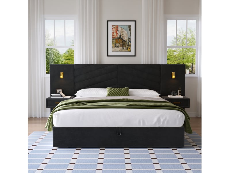 Cadre de lit avec rangement relevable noir en velours 266 x 205 x 117 cm - Conforama C