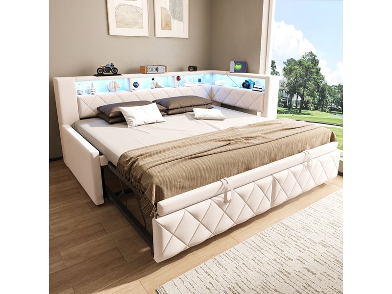  Lit gigogne 90x200 à 180x200 cm, lit banquette extensible, éclairage led, prises intégrées, couchage confortable pour 2 personnes, lin beige CozyNest - Conforama B