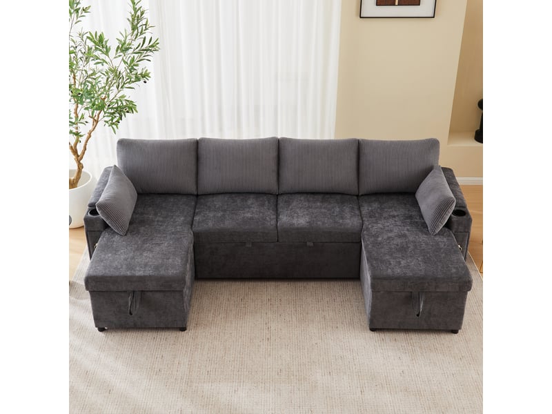  Canapé d'angle convertible 4 places 272 x 131 x 84 cm, forme u, couchage, coffre, porte-gobelets, coussins, chenille, gris Bliss Lite - Conforama E