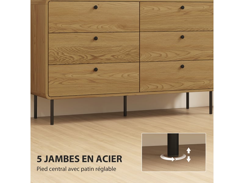  Commode 6 tiroirs meuble de rangement style moderne arrondis coins et pieds en acier 120 x 40 x 75cm effet bois de chêne  - Conforama R