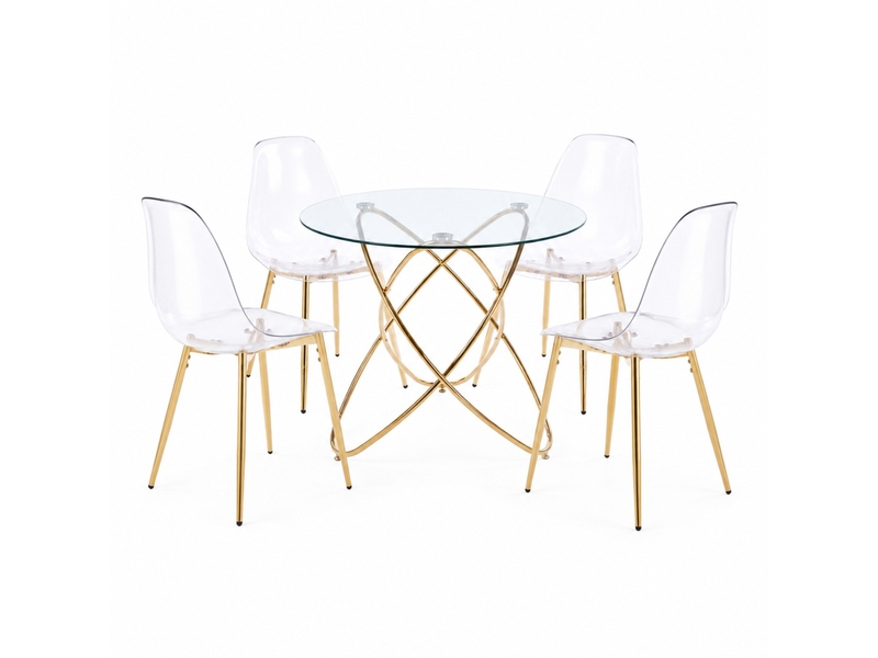  Ensemble repas 5 pièces avec table ronde en verre et 4 chaises en velours, métal doré, style luxe moderne  - Conforama A