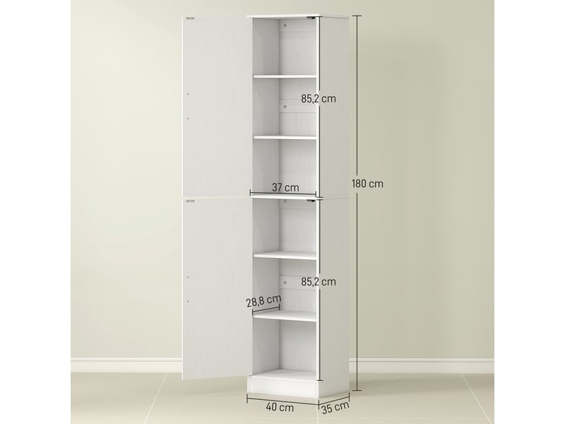  Meuble de salle de bain de 180 cm de haut, meuble étroit à 2 portes, 4 étagères réglables, panneaux de particules, mdf, blanc  - Conforama E